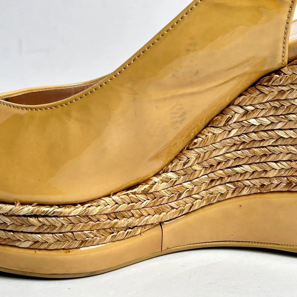 Stuart Weitzman Espadrille Peep Toe Wedge Heels Sandals Camel Tan Patent Leather - Picture 13 of 15